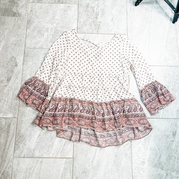 American Eagle Pink Paisley Floral Boho Peplum Top Flared Sleeves Size Small - Picture 4 of 7